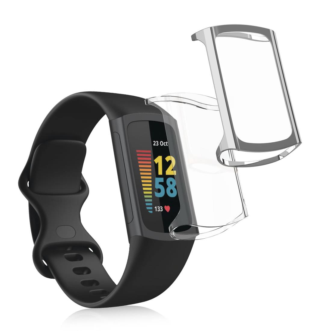 kwmobile 2x ケース 対応: Fitbit Charge 6 / Charge 5 カバー - フルカバー シリコン 耐衝撃 全体保護 透明/シルバー