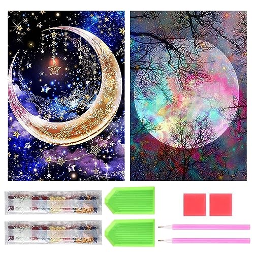 Chack0605のサムコス ダイヤモンドアート キット ダイヤモンドの絵画 2個セット きれい 全面貼り付け ダイヤモンドアート 5D 初心者 大人の子供 DIY 手芸キット 家の壁の装飾 (月)|詳細画像