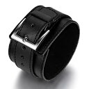 JewelryWe メンズ ブレスレット, ワイド 幅広 ゴシック パンク系 ロック バングル, レザー 本革, 合金, カラー:ブラック;[ギフトバッグを提供...