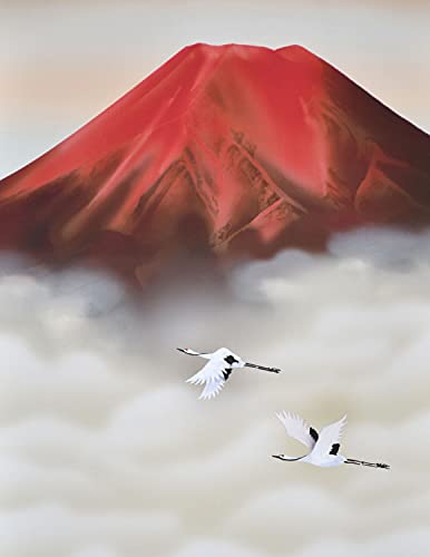 晴れの街ギャラリー 掛け軸 年中掛け 山水画 赤富士双鶴 宇田川彩悠 尺三 幅44.5 x 高さ164cm [2]