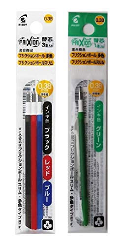フリクションボール スリム多色用 リフィル 0.38mm 替芯 3色セット+緑 LFBTRF30UF3C+12UF-G 2種2個組み・内容: LFBTRF30UF3C(黒赤青)/LFBTRF12UF-G(緑)各1個・ペン先: 超極細0.38mm/軸: 樹脂・レフィルサイズ: 全長：87.5mm　最大径 3.6mm・主な核当商品: フリクションボールスリムビズ、フリクションボールスリム、フリクションボール2・3・3スリム・4ブランド: ノーブランド品メーカー: パイロット