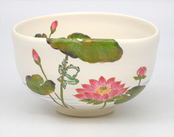 【茶道具/抹茶茶碗/matcha teabowl】茶碗　灰釉　睡蓮に蛙　中村良二作（桐箱）