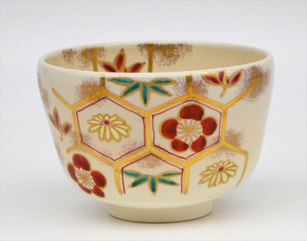 抹茶碗 - 茶碗　仁清　亀甲草花　中村与平作（化粧箱）