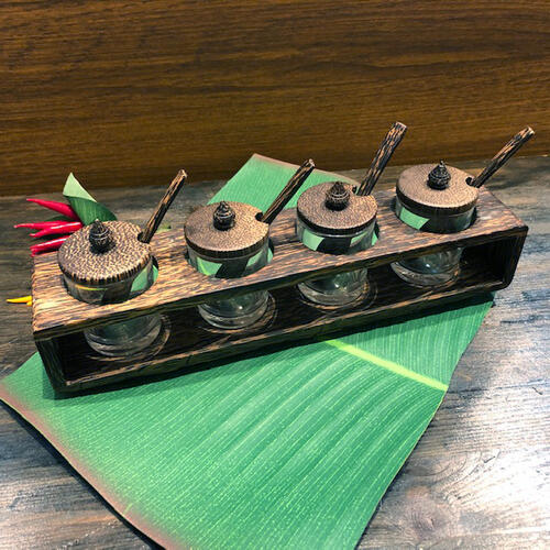 【調味料入れ木製・長方形】クアングプゥング　タイ料理屋台　ステンレス鍋 タイスキトムヤムクン パクチーナンプラー　ソムタムタイ料理　アジアン料理タイ雑貨　タイスキ鍋アジアン雑貨　エスニックタイ専門店タイフード　Thaiのサムネイル