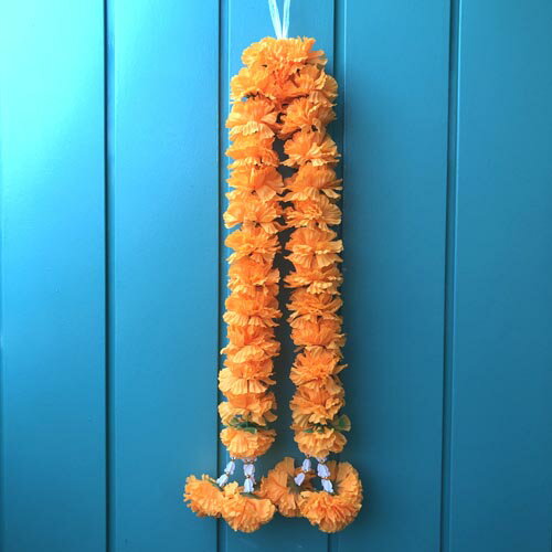 【長くて大きなマーライ】【長さ：1m30cm】【花サイズ：大きめ】【両下げタイプ】オレンジ造花で長く使用可タイ雑貨造花花飾りトゥクトゥク 仏教花