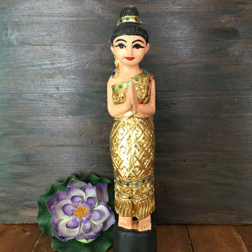 【サワディー人形】【立ち姿 38.5cm】【C金】タイの置物木製ハンドメイドタイ雑貨