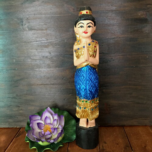 樂天商城 - 【サワディー人形】【立ち姿 39cm】【B青】タイの置物木製ハンドメイドタイ雑貨