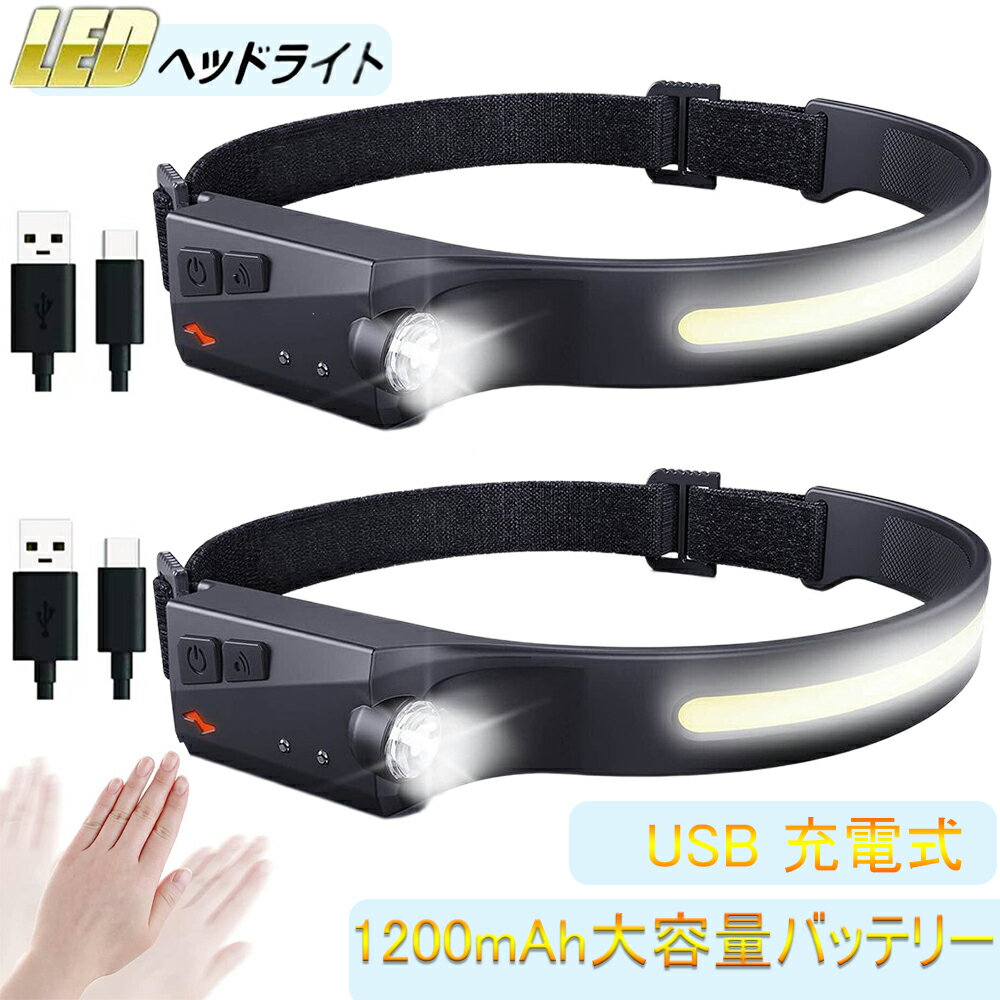 【楽天1位】【2個セット】ヘッドライト 充電式USB LEDデュアル光源 ヘッドランプ 5種点灯モード 58g超軽量　高輝度 アウトドア用ヘッドライト IPX4防水 防塵 1200mAh大容量バッテリー 最大8時間使用可能 SOS点滅 ヘッドライト 釣り登山 作業灯