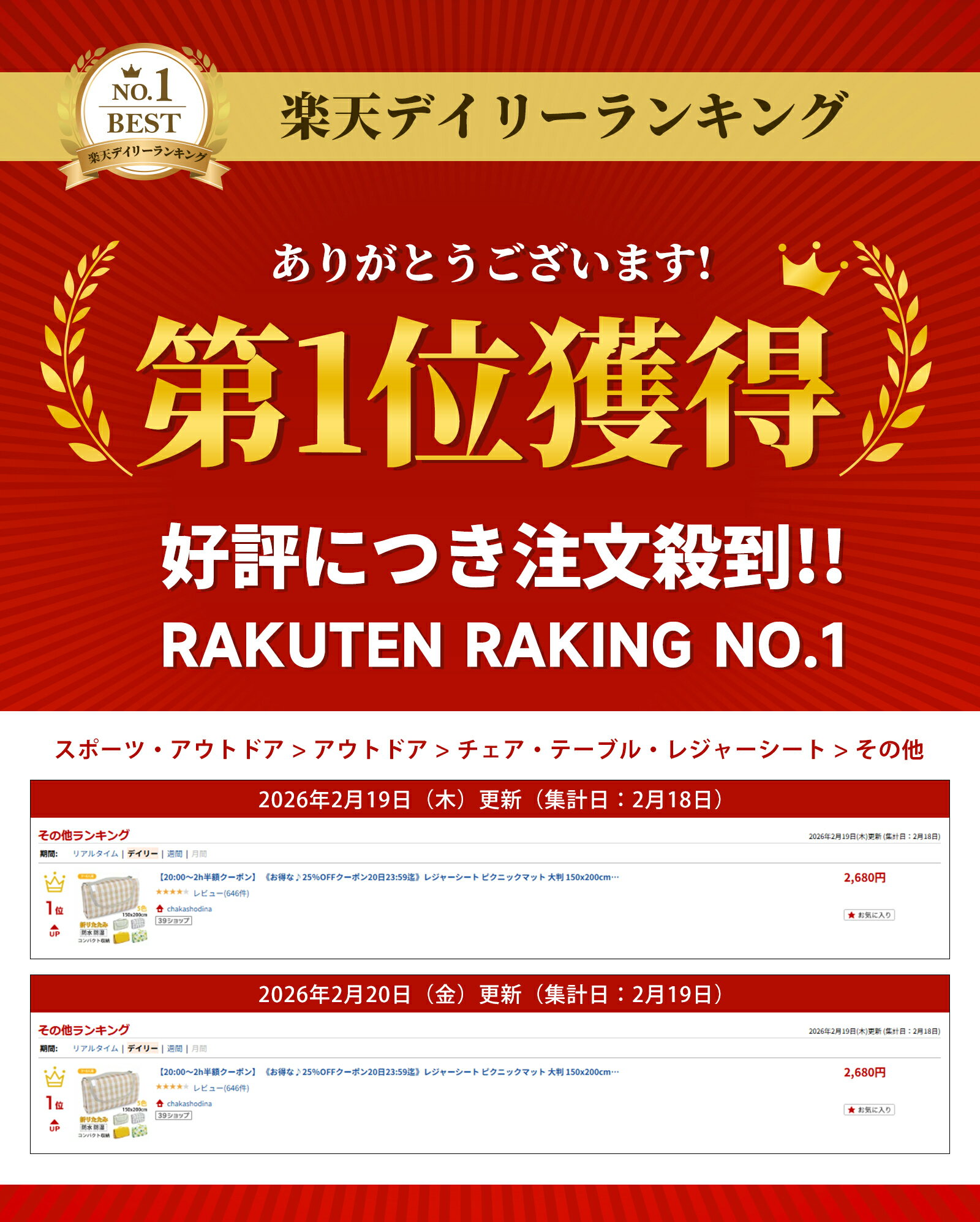 《お得な♪25％OFFクーポン8日23:59迄》 【楽天1位】 レジャーシート ピクニックマット 大判 150x200cm 3〜6人用 折りたたみ 防水 防湿 コンパクト収納 軽量 遠足 運動会 バーベキュー お花見 キャンプ アウトドア チェック柄 - Image 2