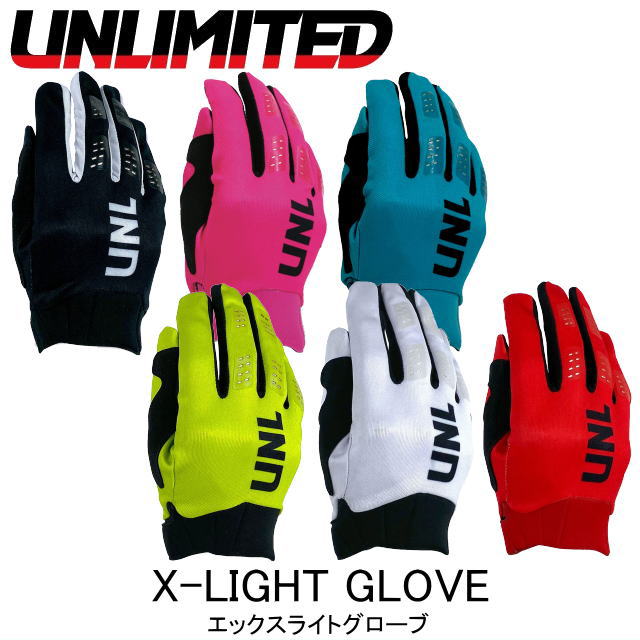 【UNLIMITED　アンリミテッド】 X-LIGHT　GLOVE　 エックスライトグローブ ▲薄手なので夏でも蒸れにくく、通年での使用が可能です ▲手首周りのサポートを強化し、装着の負担を軽減します ▲装着したまま人差し指でスマホ操作が可能です。