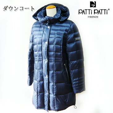 PATTi PATTi ダウンコート パティパティ コート Mサイズ ネイビー デザイナー パトリシア グッチ ハーフコート 前開きファスナー スナップ留め フード 取り外し可 裏地ロゴプリント軽量 発熱ダウン 暖かい 肌触りなめらか