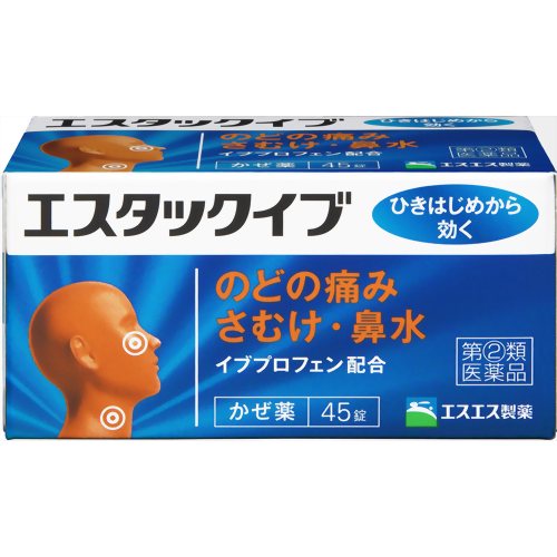 商品の特長 ●エスタックイブは、熱・痛みによく効くとともに、気道粘膜の炎症症状を抑えるイブプロフェンを配合した総合かぜ薬です。 ●鎮咳剤、気管支拡張剤、抗ヒスタミン剤なども配合していますから、熱、のどの痛みをはじめ、かぜの諸症状によく効きます。 ●かぜのときに消耗しがちなビタミンC・B1も配合しています。 内容量 45錠 効能・効果 かぜの諸症状（のどの痛み、悪寒、鼻水、鼻づまり、くしゃみ、発熱、頭痛、せき、たん、関節の痛み、筋肉の痛み）の緩和 全成分(9錠中) イブプロフェン・・・450mg （熱を下げ、痛みをしずめます。） ジヒドロコデインリン酸塩・・・24mg （せきをしずめ、たんを切ります。） dL-メチルエフェドリン塩酸塩・・・60mg （せきをしずめ、たんを切ります。） クロルフェニラミンマレイン酸塩・・・7.5mg （くしゃみ・鼻水・鼻づまりなどのアレルギー症状をおさえます。） 無水カフェイン・・・75mg （頭痛をしずめます。） チアミン硝化物（ビタミンB1硝酸塩）・・・24mg （消耗しがちなビタミンを補います。） アスコルビン酸（ビタミンC）・・・300mg （消耗しがちなビタミンを補います。） 添加物として、無水ケイ酸、セルロース、乳糖、白糖、ヒドロキシプロピルセルロース、ヒプロメロース、マクロゴール、炭酸Ca、カルナウバロウ、ステアリン酸Mg、タルク、酸化チタン、部分アルファー化デンプン、プルラン、ポリオキシエチレンポリオキシプロピレングリコールを含有します。 用法・用量・使用方法 次の1回量を1日3回、食後なるべく30分以内に服用してください。 ○成人（15才以上）・・・1回量3錠 ○15才未満・・・服用しないこと 使用上の注意 ■してはいけないこと （守らないと現在の症状が悪化したり、副作用・事故が起こりやすくなります。） 1．次の人は服用しないでください 　（1）本剤によるアレルギー症状を起こしたことがある人。 　（2）本剤又は他のかぜ薬、解熱鎮痛薬を服用してぜんそくを起こしたことがある人。 　（3）15才未満の小児。 2．本剤を服用している間は、次のいずれの医薬品も服用しないでください 　他のかぜ薬、解熱鎮痛薬、鎮静薬、鎮咳去痰薬、抗ヒスタミン剤を含有する内服薬（鼻炎用内服薬、乗物酔い薬、アレルギー用薬） 3．服用後、乗物又は機械類の運転操作をしないでください 　（眠気があらわれることがあります。） 4．授乳中の人は本剤を服用しないか、本剤を服用する場合は授乳を避けてください 5．服用時は飲酒しないでください 6．5日間を超えて服用しないでください ■相談すること 1．次の人は服用前に医師又は薬剤師に相談してください 　（1）医師又は歯科医師の治療を受けている人。 　（2）妊婦又は妊娠していると思われる人。 　（3）高齢者。 　（4）本人又は家族がアレルギー体質の人。 　（5）薬によりアレルギー症状を起こしたことがある人。 　（6）次の症状のある人。 　　高熱、排尿困難 　（7）次の診断を受けた人。 　　高血圧、心臓病、糖尿病、緑内障、肝臓病、腎臓病、甲状腺機能障害、全身性エリテマトーデス、混合性結合組織病 　（8）次の病気にかかったことのある人。 　　胃・十二指腸潰瘍、潰瘍性大腸炎、クローン病 2．次の場合は、直ちに服用を中止し、この説明書を持って医師又は薬剤師に相談してください 　（1）服用後、次の症状があらわれた場合。 ［関係部位：症状］ 皮ふ：発疹・発赤、かゆみ 消化器：悪心・嘔吐、食欲不振、胃痛、胃部不快感、口内炎 精神神経系：めまい その他：目のかすみ、耳なり、排尿困難、むくみ 　まれに次の重篤な症状が起こることがあります。その場合は直ちに医師の診療を受けてください。 ［症状の名称：症状］ ショック（アナフィラキシー）：服用後すぐにじんましん、浮腫、胸苦しさ等とともに、顔色が青白くなり、手足が冷たくなり、冷や汗、息苦しさ等があらわれる。 皮膚粘膜眼症候群（スティーブンス・ジョンソン症候群）、中毒性表皮壊死症（ライエル症候群）：高熱を伴って、発疹・発赤、火傷様の水ぶくれ等の激しい症状が、全身の皮ふ、口や目の粘膜にあらわれる。 肝機能障害：全身のだるさ、黄疸（皮ふや白目が黄色くなる）等があらわれる。 腎障害：尿量が減り、全身のむくみ及びこれらに伴って息苦しさ、だるさ、悪心・嘔吐、血尿・蛋白尿等があらわれる。 無菌性髄膜炎：首すじのつっぱりを伴った激しい頭痛、発熱、悪心・嘔吐等の症状があらわれる。（このような症状は、特に全身性エリテマトーデス又は混合性結合組織病の治療を受けている人で多く報告されている。） 間質性肺炎：空せき（たんを伴わないせき）を伴い、息切れ、呼吸困難、発熱等があらわれる。（これらの症状は、かぜの諸症状と区別が難しいこともあり、空せき、発熱等の症状が悪化した場合にも、服用を中止するとともに、医師の診療を受けてください。） ぜんそく 　（2）5〜6回服用しても症状がよくならない場合。 　　（特に熱が3日以上続いたり、又熱が反復したりするとき） 3．次の症状があらわれることがあるので、このような症状の継続又は増強がみられた場合には、服用を中止し，医師又は薬剤師に相談してください 　便秘、下痢、口のかわき 文責 登録販売者　大西　隆之 広告文責 (株)フェリックスコーポレーションお客様専用ダイヤル 06-6556-6663 メーカー（製造） エスエス製薬株式会社 エスエス製薬株式会社 お客様相談室 フリーダイヤル 0120-028-193 受付時間：9時から17時30分まで(土、日、祝日を除く) 区分 日本製・指定第2類医薬品 　　 【医薬品使用期限について】医薬品の使用期限は365日以上のあるものをお送りします。【医薬品販売に関する記載事項】（必須記載事項）はこちら