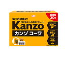 商品の特長 ●厳選した11種類の成分を配合！ 医薬品メーカーとしての技術を結集して厳選した11種類の成分を贅沢に配合しました。 頑張る現代人の為に生まれた商品、それが「カンゾコーワ」です。 ●栄養バランスをサポート！ アミノ酸などを豊富に含む「肝臓加水分解物」に、お馴染みの「ウコン抽出物」をはじめ、しじみに多く含まれる成分「オルニチン」・「アラニン」などを配合しました。 さらに、偏った食事で不足しがちなビタミン類も補給できます。 11種類の成分が効率的にアプローチして、栄養バランスをサポートします。 内容量 2粒×30包 お召し上がり方 1日1包(2粒)を目安にかまずに水またはお湯とともにお召し上がりください。 主要成分 豚肝臓加水分解物、ウコン抽出物、オルニチン/セルロース、ステアリン酸Ca、安定剤（HPC）、アラニン、ナイアシン、二酸化ケイ素、リン酸Ca、V.B6、V.B2、ロイシン、光沢剤、V.B1、バリン、イソロイシン、グリセリン脂肪酸エステル 栄養成分 エネルギー2.0kcal たんぱく質0.2g 脂質0.05g 炭水化物0.2g 食塩相当量0.01g ビタミンB11.0mg ビタミンB23.0mg ビタミンB63.8mg ナイアシン11mg （クルクミン）50mg 保存方法 高温多湿や直射日光を避け、涼しい所に保存してください。 広告文責 (株)フェリックスコーポレーションお客様専用ダイヤル 06-6556-6663 メーカー（製造） 興和新薬株式会社 区分 日本製・健康食品 　　