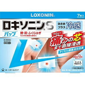 商品の特長 ●すぐれた鎮痛消炎効果をもつ医療用成分［ロキソプロフェンナトリウム水和物］を、医療用と同量配合。 ●肩・腰・関節・筋肉の痛みにすぐれた効き目。 ●痛みの芯まで直接浸透、つらい痛みにしっかり効く。 ●1日1回、フィット＆伸縮タイプ。 ●スーッとここちよい冷感。 内容量 7枚入り 効能・効果 腰痛、筋肉痛、肩こりに伴う肩の痛み、関節痛、腱鞘炎(手・手首の痛み)、肘の痛み(テニス肘など)、打撲、捻挫 用法・用量・使用方法 表面のライナーをはがし、1日2回を限度として患部に貼付してください。 使用上の注意 してはいけないこと)※守らないと現在の症状が悪化したり副作用が起こりやすくなる。 ・次の人は使用しないでください。 (1)今までに本剤によるアレルギー症状(例えば発疹、発赤、かゆみ、かぶれなど)を起こしたことがある人。 (2)ぜんそくを起こしたことがある人。 (3)妊婦または妊娠していると思われる人。 (4)15歳未満の小児。 ・次の部位には使用しないでください。 (1)目の周囲、粘膜など。 (2)湿疹、かぶれ、傷口。 (3)みずむし、たむし等または化膿している患部。 ・連続して2週間以上使用しないで下さい。 (相談すること) ・次の人は使用前に医師または薬剤師に相談してください。 (1)医師の治療を受けている人。 (2)本人または家族がアレルギー体質の人。 (3)今までに薬や化粧品などによるアレルギー症状(例えば発疹、発赤、かゆみ、かぶれなど)を起こしたことがある人。 ・次の場合は、直ちに使用を中止し、この箱を持って医師または薬剤師に相談して下さい。 (1)皮膚に、発疹、発赤、はれ、かゆみ、ヒリヒリ感、かぶれなどの症状があらわれた場合。 (2)5〜6日間使用しても症状の改善がみられない場合。 全成分 ロキソプロフェンナトリウム水和物　1．134g（無水物として1g） ［1枚あたり（10cm×14cm）膏体量10g］ 添加物：ハッカ油、ポリソルベート80、酸化チタン、酒石酸、エデト酸Na、グリセリン、カルメロースNa、タルク、水酸化Al、クロタミトン、ポリアクリル酸部分中和物、その他2成分 文責 登録販売者　大西　隆之 広告文責 (株)フェリックスコーポレーションお客様専用ダイヤル 06-6556-6663 メーカー（製造） 第一三共ヘルスケア株式会社 お客様相談室 電話番号・・・0120-337-336 電話受付時間・・・9：00〜17：00（土、日、祝日を除く） 区分 日本製・第2類医薬品 　　 【医薬品使用期限について】医薬品の使用期限は365日以上のあるものをお送りします。【医薬品販売に関する記載事項】（必須記載事項）はこちら　