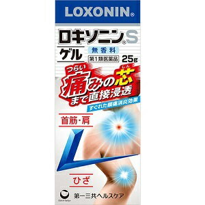 商品の特長 ●すぐれた鎮痛消炎効果をもつ医療用成分［ロキソプロフェンナトリウム水和物］を、医療用と同量配合。 ●肩・腰・関節・筋肉の痛みにすぐれた効き目。 ●痛みの芯まで直接浸透、つらい痛みにしっかり効く。 ●のびがよく、ひじ、ひざ等の関節部位にも塗りやすい。 ●無色透明で衣服についても目立たない。 内容量 25g 効能・効果 腰痛、筋肉痛、肩こりに伴う肩の痛み、関節痛、腱鞘炎(手・手首の痛み)、肘の痛み(テニス肘など)、打撲、捻挫 用法・用量・使用方法 1日3〜4回、適量を患部に塗擦して下さい。 使用上の注意 してはいけないこと)※守らないと現在の症状が悪化したり副作用が起こりやすくなる。 ・次の人は使用しないでください。 (1)今までに本剤によるアレルギー症状(例えば発疹、発赤、かゆみ、かぶれなど)を起こしたことがある人。 (2)ぜんそくを起こしたことがある人。 (3)妊婦または妊娠していると思われる人。 (4)15歳未満の小児。 ・次の部位には使用しないでください。 (1)目の周囲、粘膜など。 (2)湿疹、かぶれ、傷口。 (3)みずむし、たむし等または化膿している患部。 ・連続して2週間以上使用しないで下さい。 (相談すること) ・次の人は使用前に医師または薬剤師に相談してください。 (1)医師の治療を受けている人。 (2)本人または家族がアレルギー体質の人。 (3)今までに薬や化粧品などによるアレルギー症状(例えば発疹、発赤、かゆみ、かぶれなど)を起こしたことがある人。 ・次の場合は、直ちに使用を中止し、この箱を持って医師または薬剤師に相談して下さい。 (1)皮膚に、発疹、発赤、はれ、かゆみ、ヒリヒリ感、かぶれなどの症状があらわれた場合。 (2)5〜6日間使用しても症状の改善がみられない場合。 全成分 本剤は、無色〜微黄色透明のゼリー状のゲル剤で、100g中に次の成分を含有しています。 　〔成　　分〕　ロキソプロフェンナトリウム水和物 　〔分　　量〕　1．13g（無水物として1g） 添加物：エタノール、1，3−ブチレングリコール、ヒプロメロース、カルボキシビニルポリマー、トリエタノールアミン 文責 登録販売者　大西　隆之 広告文責 (株)フェリックスコーポレーションお客様専用ダイヤル 06-6556-6663 メーカー（製造） 第一三共ヘルスケア株式会社 お客様相談室 電話番号・・・0120-337-336 電話受付時間・・・9：00〜17：00（土、日、祝日を除く） 区分 日本製・第2類医薬品 　　 【医薬品使用期限について】医薬品の使用期限は365日以上のあるものをお送りします。【医薬品販売に関する記載事項】（必須記載事項）はこちら　