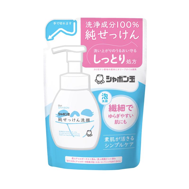 商品の特長 ●無添加石けんが生み出す、「シンプル」ながら「たしかな」ケア ・適度な洗浄力が、肌本来が持つバリアを守りながら、優しく洗い上げます。 ・肌に足りないものを与える、ではなく、肌本来の力を充分に発揮させることこそが、 シャボン玉石けんが考えるスキンケアです。 ●シャボン玉石けんならではのこだわり処方 ・香料・着色料・酸化防止剤・合成界面活性剤 不使用。 ・釜炊き製法(ケン化法)でじっくり炊き上げて作りました。 ・天然の保湿成分が含まれ洗い上りはしっとり。 ・オレイン酸が豊富に含まれ、保湿効果が高い特徴を持つオリーブオイルをカリ石けん素地の原料に使用。 内容量 180ml（詰替用） 広告文責 (株)フェリックスコーポレーションお客様専用ダイヤル 06-6556-6663 メーカー（製造） 株式会社シャボン玉本舗 区分 日本製・化粧品 　　