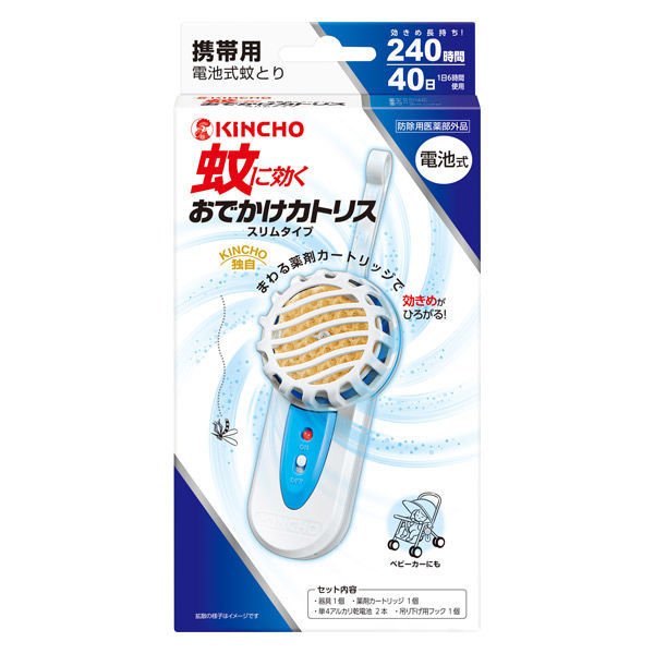 商品の特長 ●携帯用電池式蚊取り。ブルーのスリムタイプ器具と40日用薬剤カートリッジのセットです。 ●遠心力と攪拌気流のW効果で薬剤が広がります。 内容量 ・器具1個・薬剤カートリッジ1個・単4アルカリ乾電池2本・吊下げ用フック1個 成分 ●有効成分：ピレスロイド(メトフルトリン)・・・60mg/個 ●その他成分：BHT、着色剤、灯油 広告文責 (株)フェリックスコーポレーションお客様専用ダイヤル 06-6556-6663 メーカー（製造） 大日本除虫菊 株式会社 区分 日本製・日用品 　　