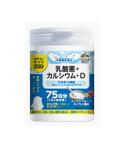 商品の特長 ●ポリポリおやつの様に食べられる、水なしで噛んで美味しいチュアブルタイプのサプリメント ●補給したい栄養素や成分を手軽に摂取できます。 ●2粒で乳酸菌20億個、カルシウム230mg、ビタミンD5μgが摂取できます。水なしで噛んで美味しく食べられるミックスフルーツヨーグルト風味のチュアブルタブレットです。 お召し上がり方 1日当たりの摂取量の目安は1日2粒です。 内容量 150粒 原材料 ぶどう糖、マルトデキストリン、殺菌済発酵乳粉末(デキストリン、脱脂粉乳）、乳酸菌末(殺菌乳酸菌、デキストリン)、貝カルシウム、結晶セルロース、香料、クエン酸、二酸化ケイ素、ステアリン酸カルシウム、甘味料（アスパルテーム・L−フェニルアラニン化合物）、ビタミンD 摂取上の注意 ・高温多湿、直射日光を避けて冷暗所に保存してください。 ・のどに詰まらせないように注意してください。 ・開封後はフタをしっかりと閉めて保管し、お早めにお召し上がりください。 ・天然物を使用しておりますので、まれに色が変化することがありますが、品質には問題ありません。 ・体に合わない時はご使用をお止めください。 ・賞味期限　　…未開封　2年　開封後はお早めに ・最終加工地…岐阜県 広告文責 (株)フェリックスコーポレーションお客様専用ダイヤル 06-6556-6663 メーカー（製造） ユニマットリケン株式会社 区分 日本製・栄養補助食品 　　