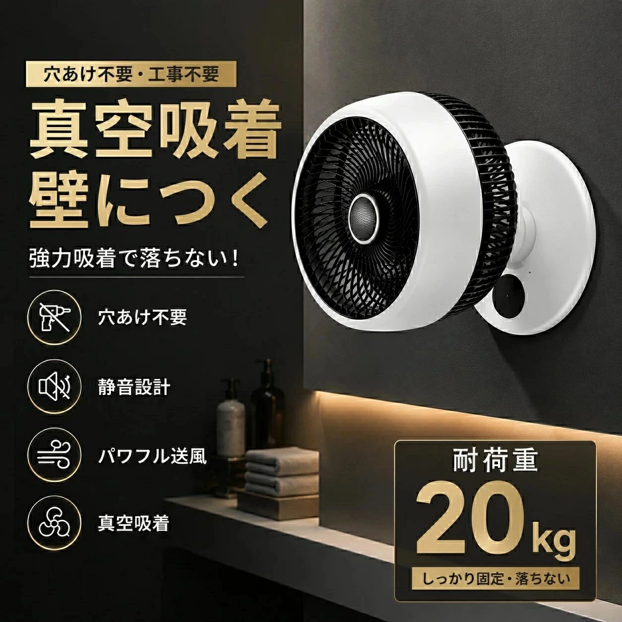 【工事不要・穴あけ不要】壁掛け扇風機 真空吸着 壁掛け サーキュレーター DCモーター 強力 風量調節 静音 首振り 小型 軽量 壁を傷つけない 真空吸盤式 壁面取付 賃貸OK 脱衣所 洗面所 キッチン トイレ リビング 省エネ 節電 コンパクト 1人暮らし カワイイ 子供部屋 廊下 母の日 賃貸　プレゼント　ギフト　洋室　カフェ シンプル　屋内　天井照明　和室　ダクトレール　引掛けシーリング アンティーク ナチュラル 商品情報【商品名】 真空吸着式ウォールファン（USB給電）【商品特徴】 穴あけ不要の吸盤式設計で、壁面にしっかり固定可能。キッチン・浴室・デスクなど様々なシーンで手軽に使用できます。【風量調節】 1～5段階の風量調整が可能。用途に応じて快適にご使用いただけます。【首振り機能】 左右自動首振り対応。上下角度は手動で調整可能です。【タイマー機能】 1時間単位で設定可能。最大9時間まで対応します。【吸盤設計】 内外の気圧差を利用した吸盤構造により、平らな壁面にしっかり密着し、簡単には外れにくい設計です。【使用シーン】 キッチン、浴室、洗面所、オフィスなど様々な場所でご使用いただけます。【電圧】 5V【消費電力】 通常モデル：10.5Wアップグレードモデル：15W【バッテリー容量】 通常モデル：2400mAhアップグレードモデル：5400mAh【ケーブル】 USB Type-Cケーブル（約1.2m）【カラー】 ホワイト／ブラック【タイマー】 9段階（最大9時間）【付属品】 本体、USBケーブル、アロマシート【アロマ】 海塩の香り【電源仕様】 リチウム電池内蔵（充電式）／USB給電対応（DC5V）【使用方法】 吸盤を壁面に押し付けて空気を抜き、ロックして固定してください。【注意事項】 ・平らで滑らかな壁面にのみ使用してください。・使用中はファン内部に手や異物を入れないでください。・60℃以上の高温環境で使用しないでください。・火気の近くで使用しないでください。・お手入れの際は必ず電源を切ってください。・10歳未満のお子様は保護者の監督下でご使用ください。・長期間使用しない場合でも定期的に充電してください。 5