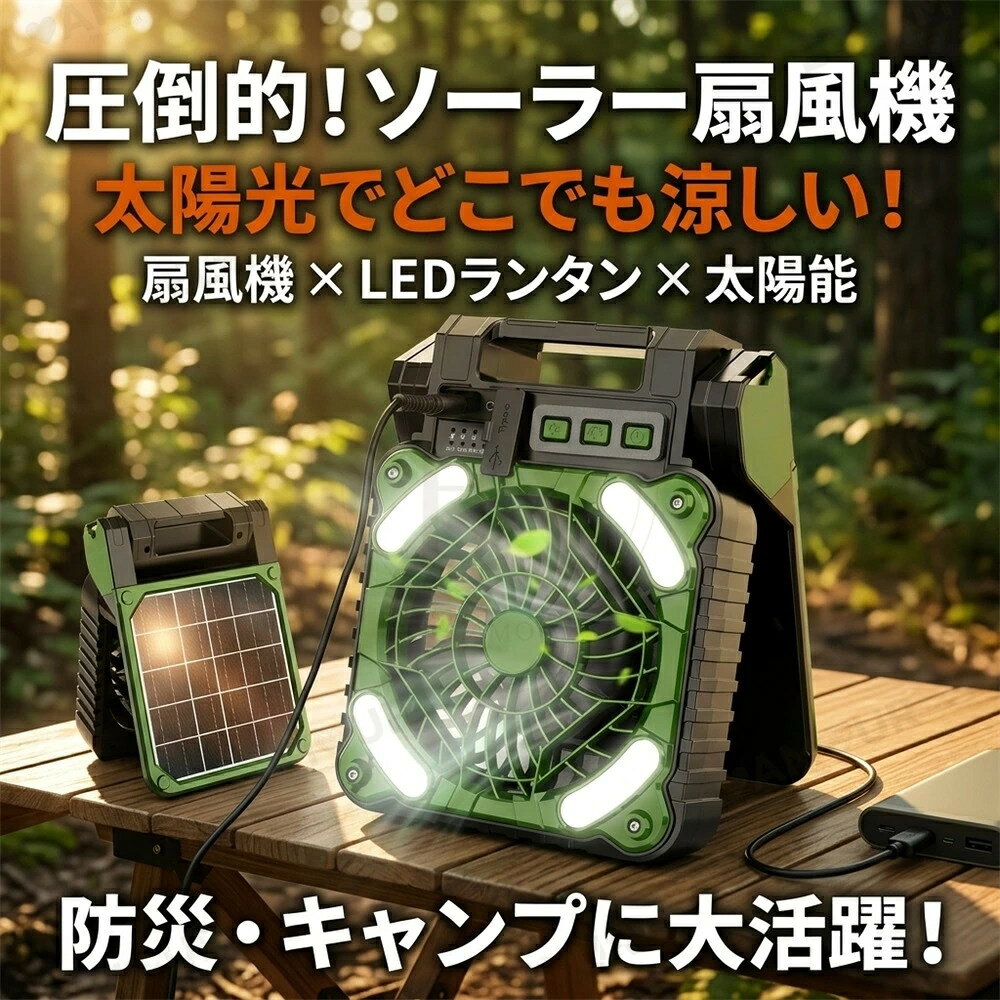 扇風機 ソーラー 充電式 ソーラー扇風機 大容量 5200mAh 屋外 アウトドア キャンプ ランタン LED 充電器 モバイルバッテリー スマホ充電 防災グッズ 停電対策 車中泊 ス扇風機 卓上 吊り下げ 静音 強力 ポータブルファン コードレスソーラーファン champion-ec1-10000265 CPオンライン楽天市場店 サンプル画像2