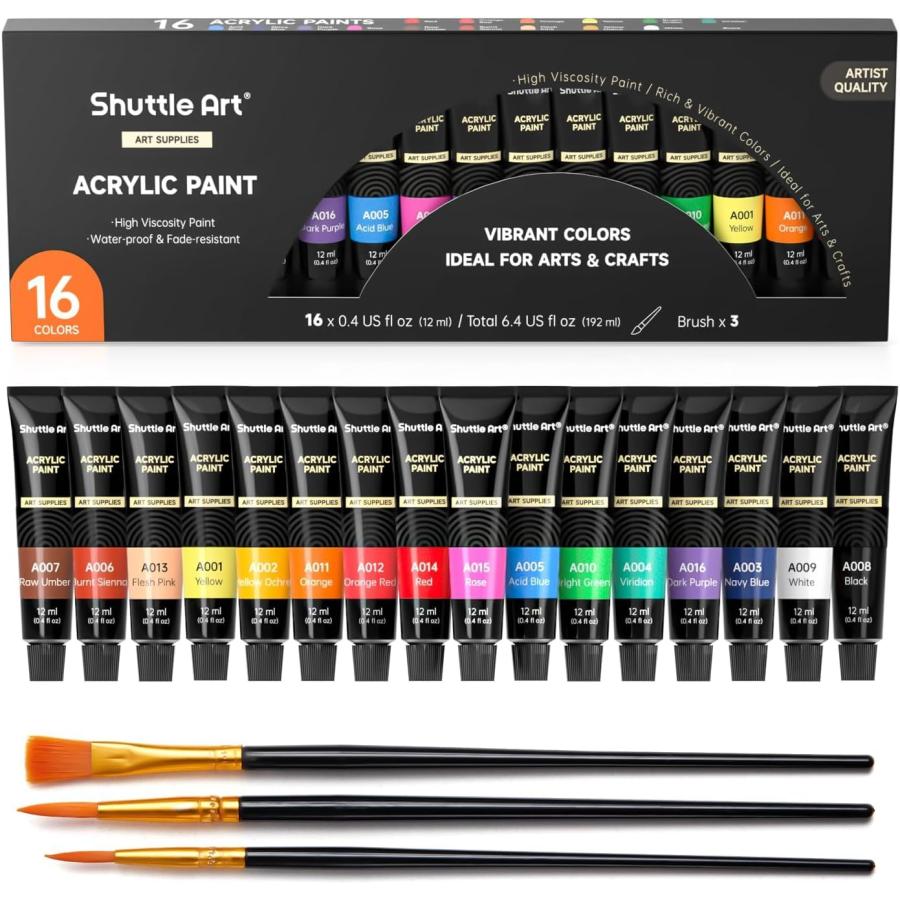 樂天商城 - Shuttle Art アクリル絵の具 アクリル顔料 16色セット ペイントブラシ3本付き 速乾 耐久 チューブ 12ml 手作り 布/石/ガラス/