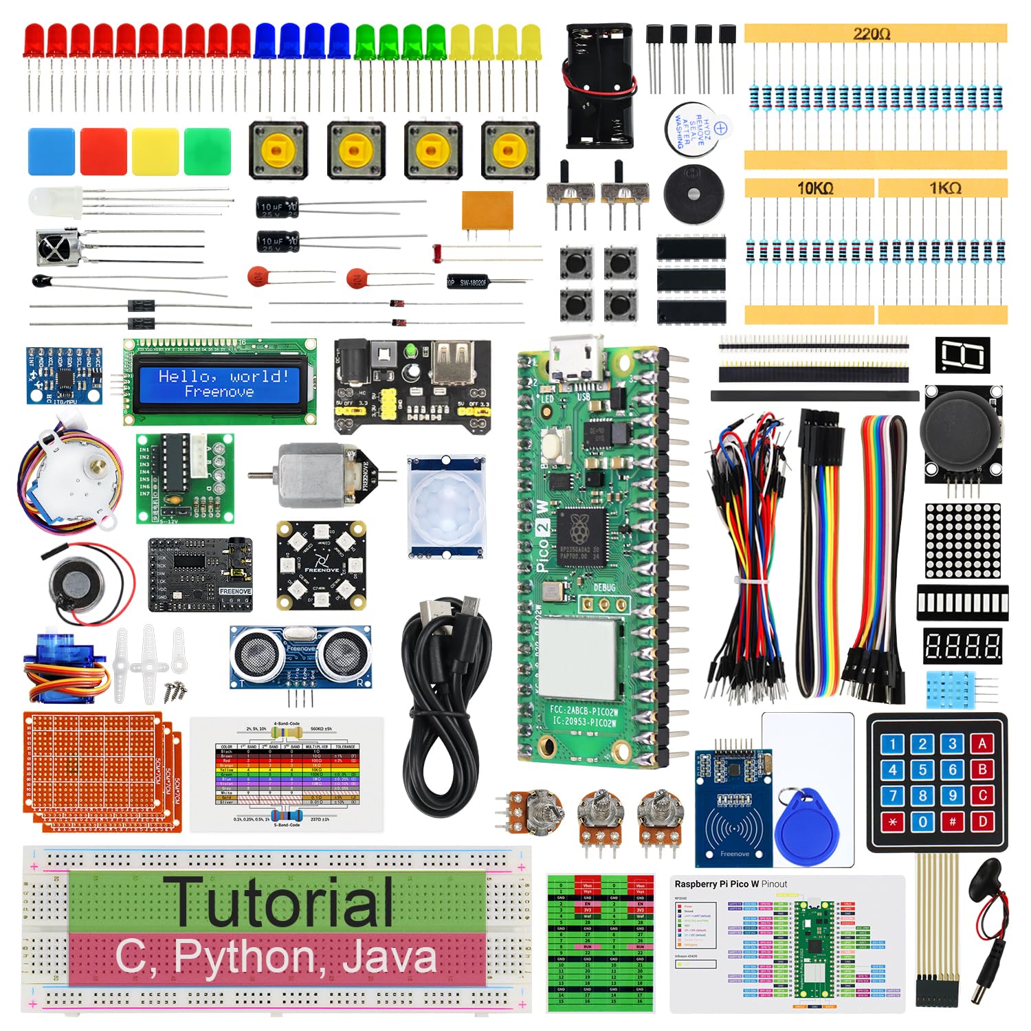 Freenove Raspberry Pi Pico 2 W究極スターターキット（付属）、デュアルArm Cortex-M33とデュアルHazard3 RISC-Vマイクロコントローラ、767ページの詳細なチュートリアル、224アイテム、119プロジェクト、Py