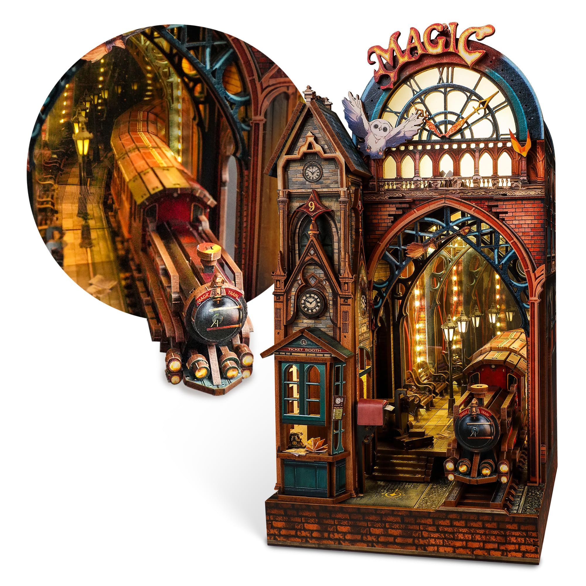 FUNPOLA 木製パズル 3Dパズル 魔法列車 魔法の駅 ブックヌック キット Booknook 木製パズル DIY ミニチュア ドールハウス LEDライト付き 本棚入れ ブックエンド 展示用 クラフトセット 初心者や中学生向け 234ピース