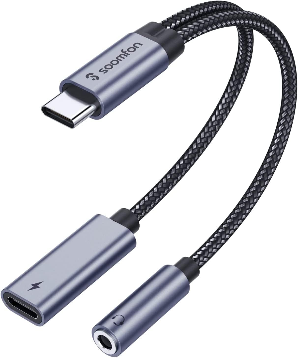 タイプc イヤホンジャック変換器 - SOOMFON 2-IN-1 USB C イヤホンジャック 60W PD急速充電 Type-C イヤホン 3.5mm オーディオアダプタ 音楽/通話 音量調節可能 MacBook iPad Pro Google Pixel Xperia Aquos Type-C 機器用 グレー