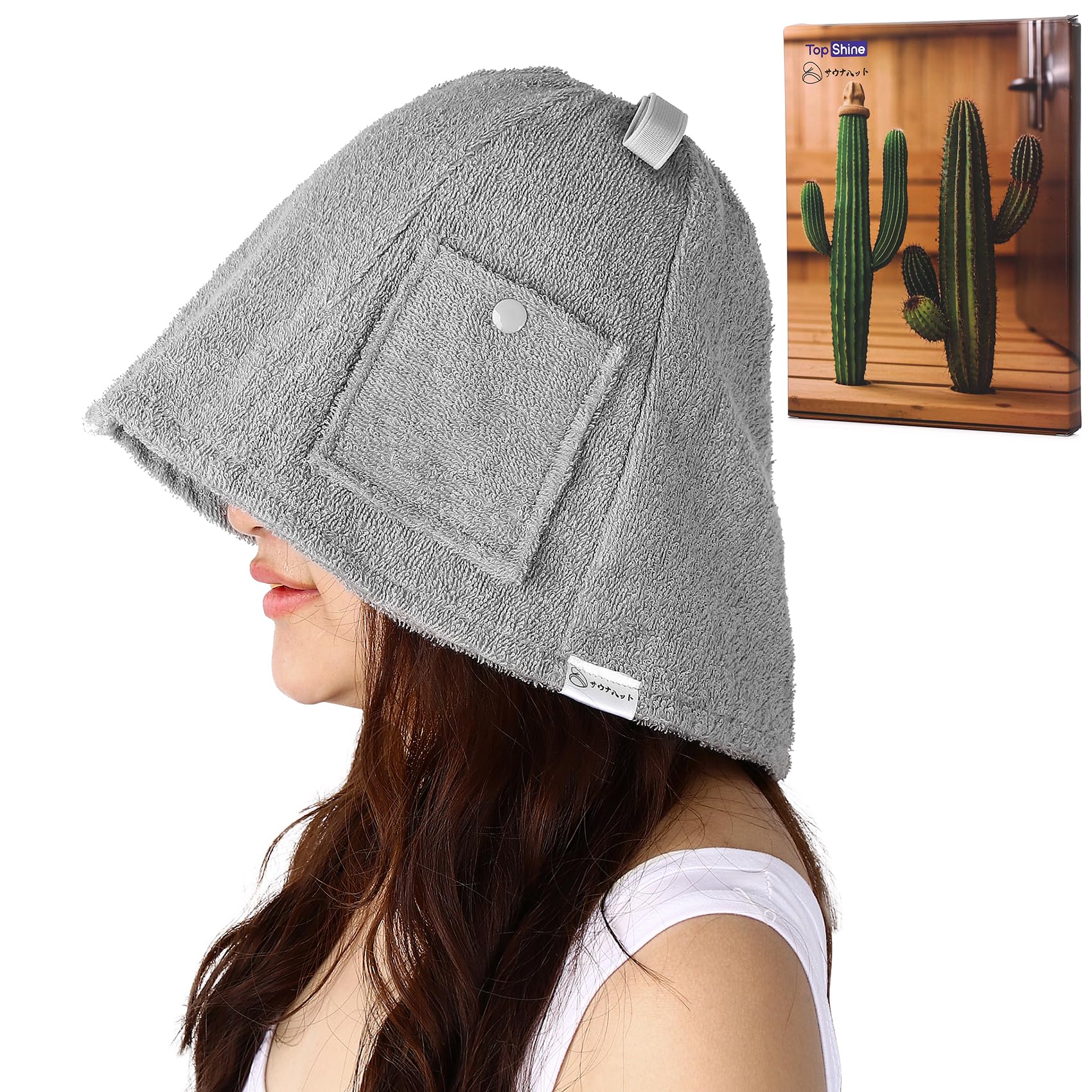 [TOPSHINE] 綿100% タオル生地 サウナハット レディース&メンズ SAUNA HAT 色落ちしにくい 鍵ポケット付 洗濯簡単 深くかぶれる 髪を保護 サウナキャップ のぼせ防止 (ライトグレー)