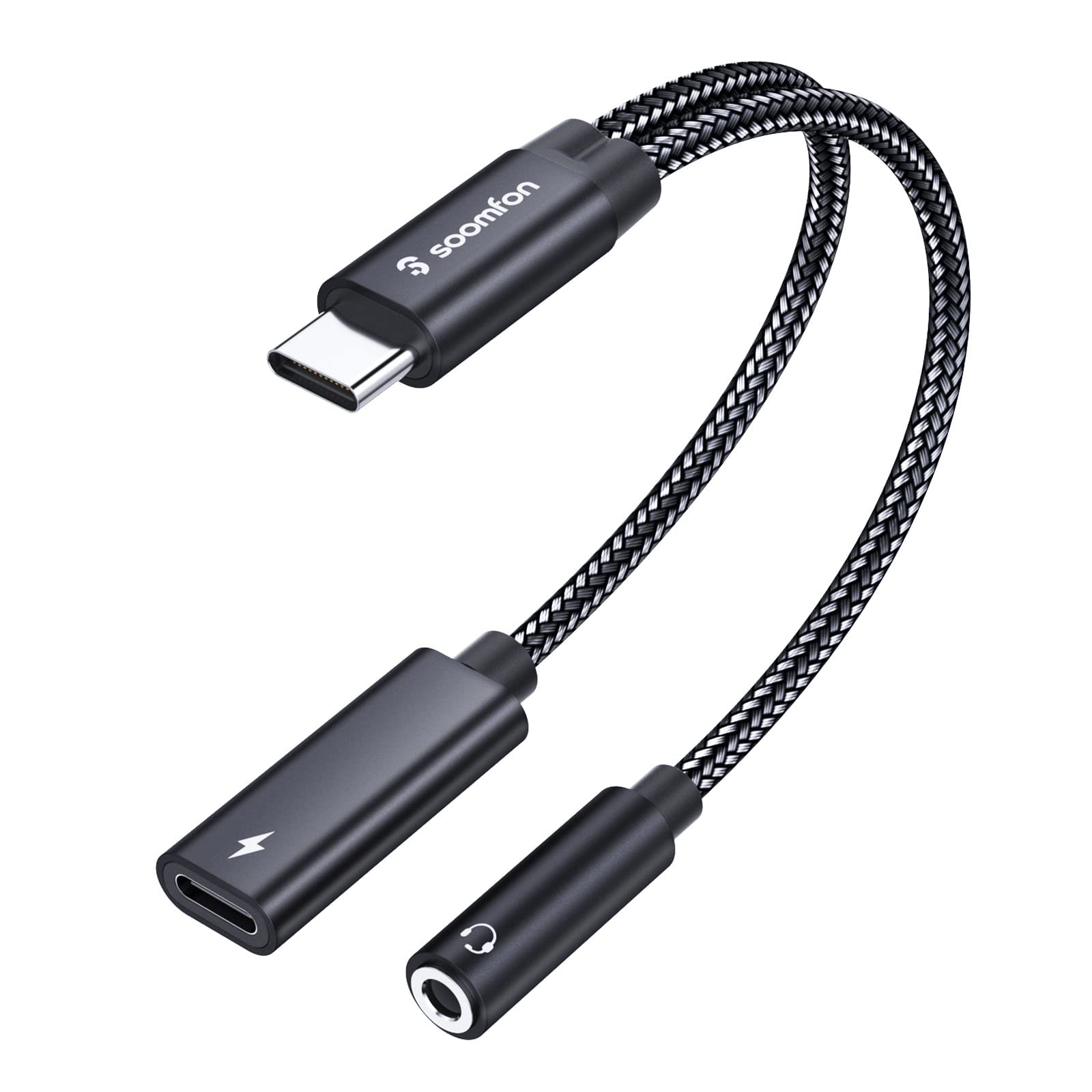 タイプc イヤホンジャック変換器 - SOOMFON 2-IN-1 USB C イヤホンジャック 60W PD急速充電 Type-C イヤホン 3.5mm オーディオアダプタ 音量調節可能 音楽/通話 MacBook iPad Pro Google Pixel Xperia Aquos Type-C 機器用 グレー (黒)