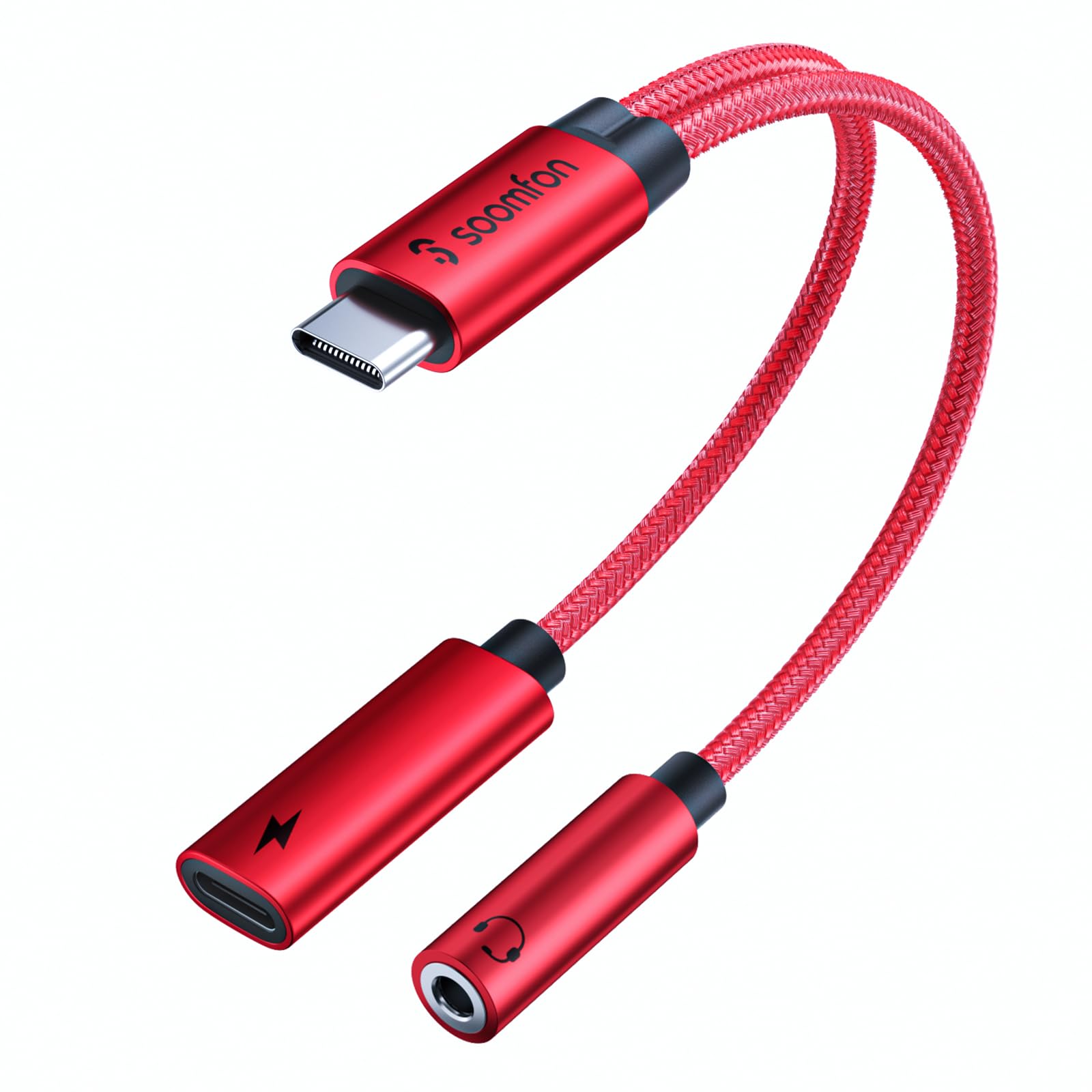 タイプc イヤホンジャック変換器 - SOOMFON 2-IN-1 USB C イヤホンジャック 60W PD急速充電 Type-C イヤホン 3.5mm オーディオアダプタ 音量調節可能 音楽/通話 MacBook iPad Pro Google Pixel Xperia Aquos Type-C 機器用 グレー (赤)