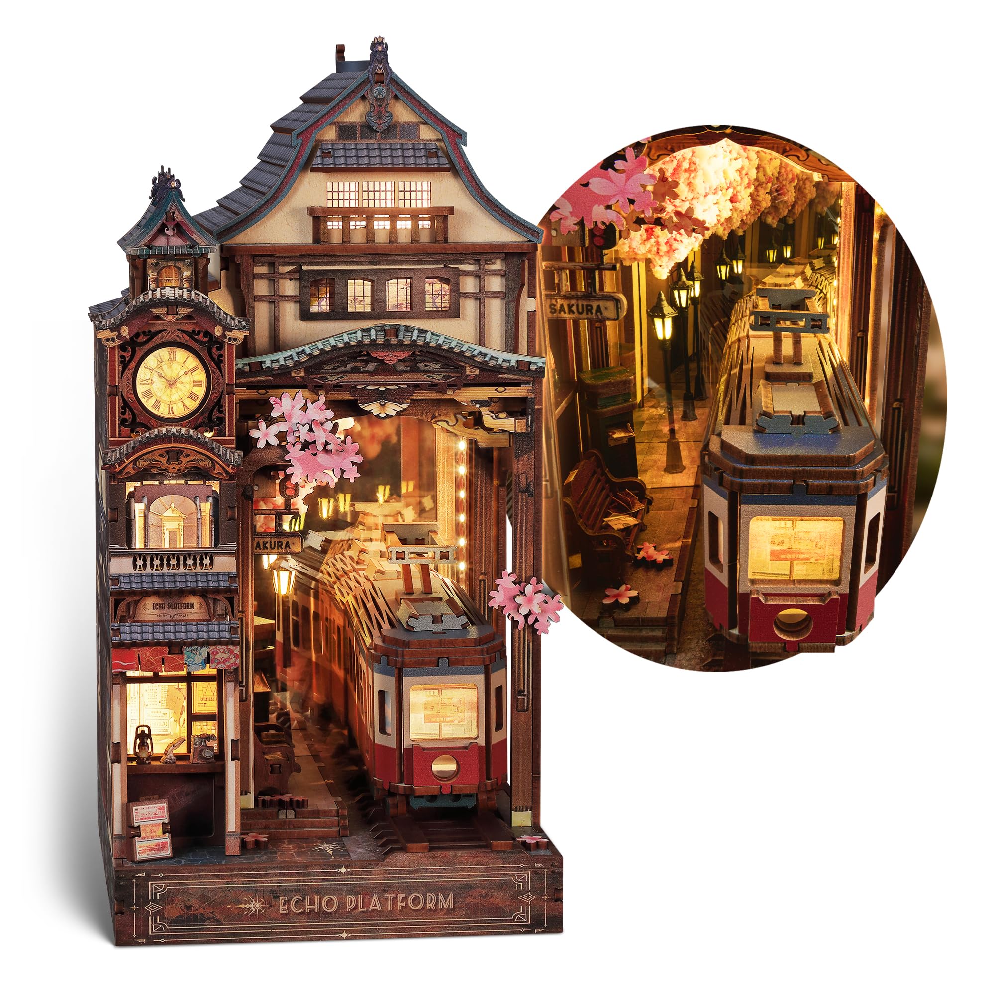 FUNPOLA 木製パズル 3Dパズル 響きのホーム 桜咲く列車 無限鏡 ブックヌック キット 癒し 春桜 DIY ミニチュア ドールハウス LEDライト付き 本棚入れ 展示用 クラフトセット 大人の趣味 初心者や中学生向け 330ピース