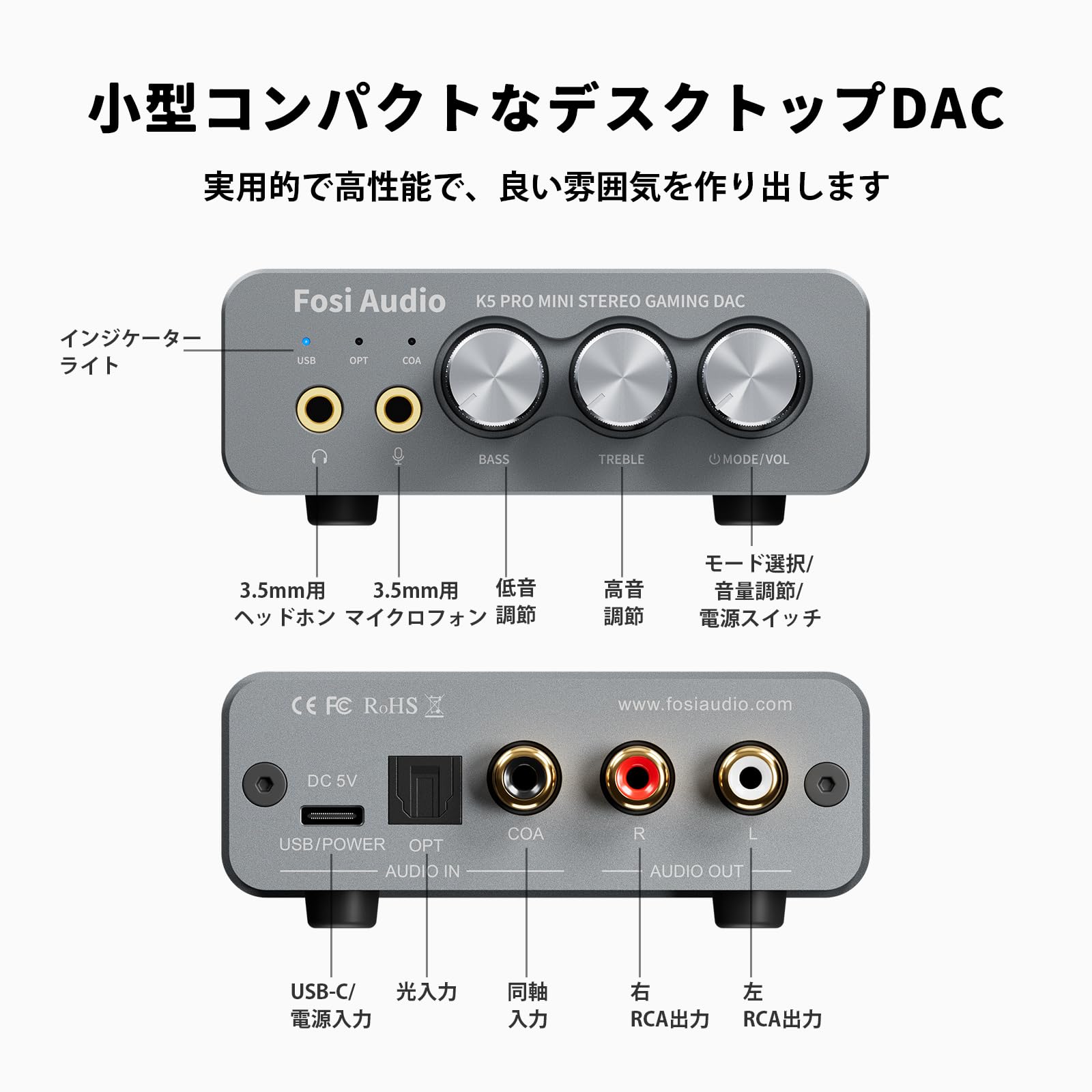 Fosi Audio K5 PRO DAC ヘッドフォンアンプ マイク入力可 ミニ 小型 HiFi ステレオ...