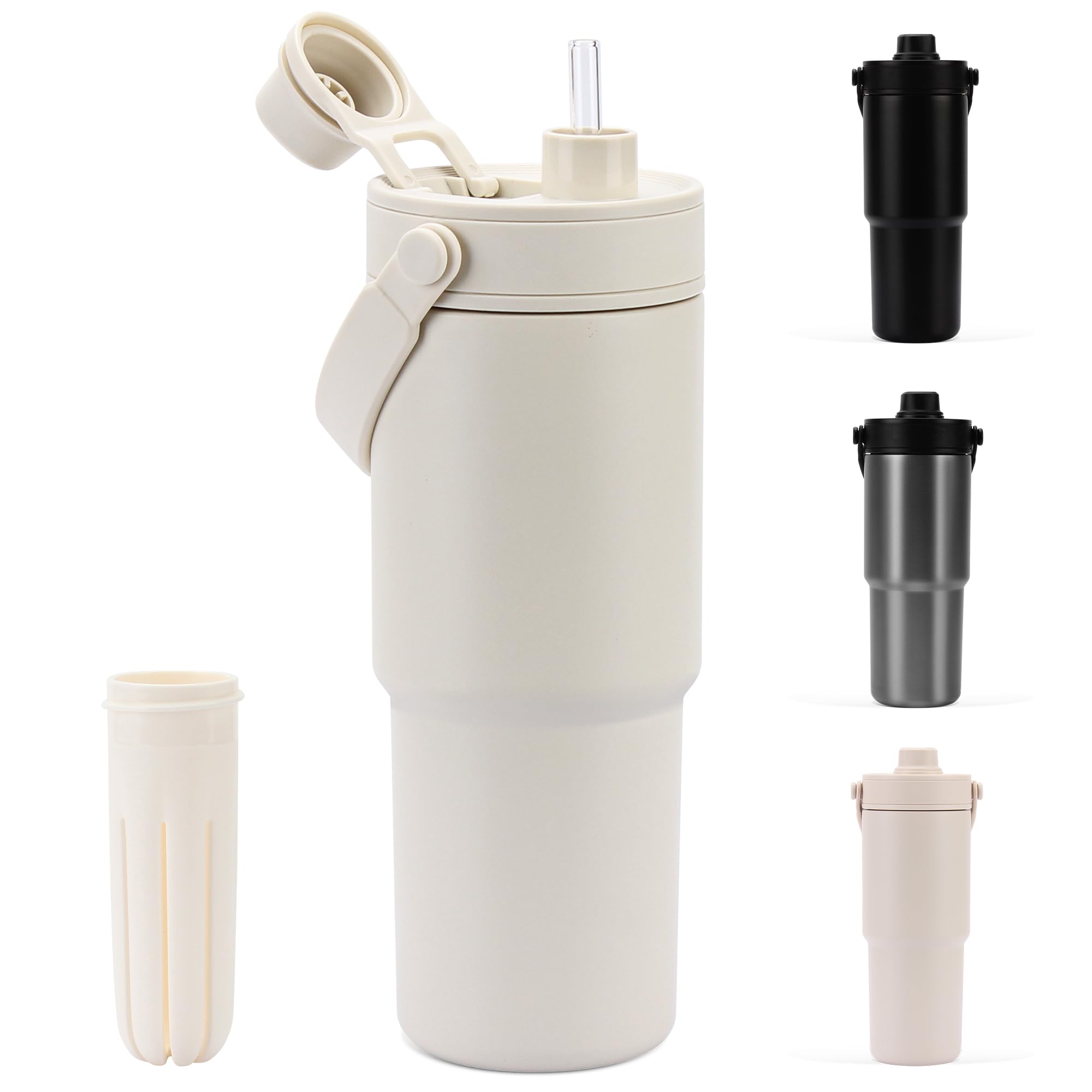 Rakuten - CLICSUN タンブラー 735ML ストロー付き水筒 セラミック タンブラー 蓋付き 大容量 直飲み 真空断熱 保温 保冷 シームレス ボトル 水筒 食洗機対応 取っ手付き 持ち運び 車載/オフィス/アウトド