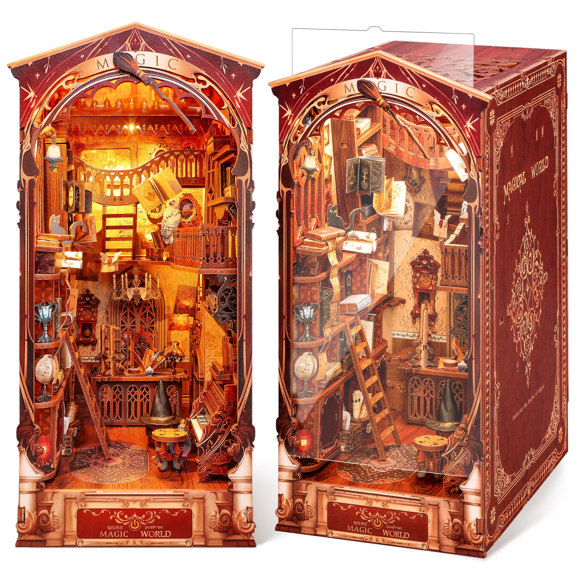 FUNPOLA 3Dパズル ブックヌック キット 木製パズル DIY ミニチュア ドールハウス LEDライト付き 本棚入れ 本立て 展示用 クラフトセット 子供と大人向け 説明書付き 298PCS (魔法世界)