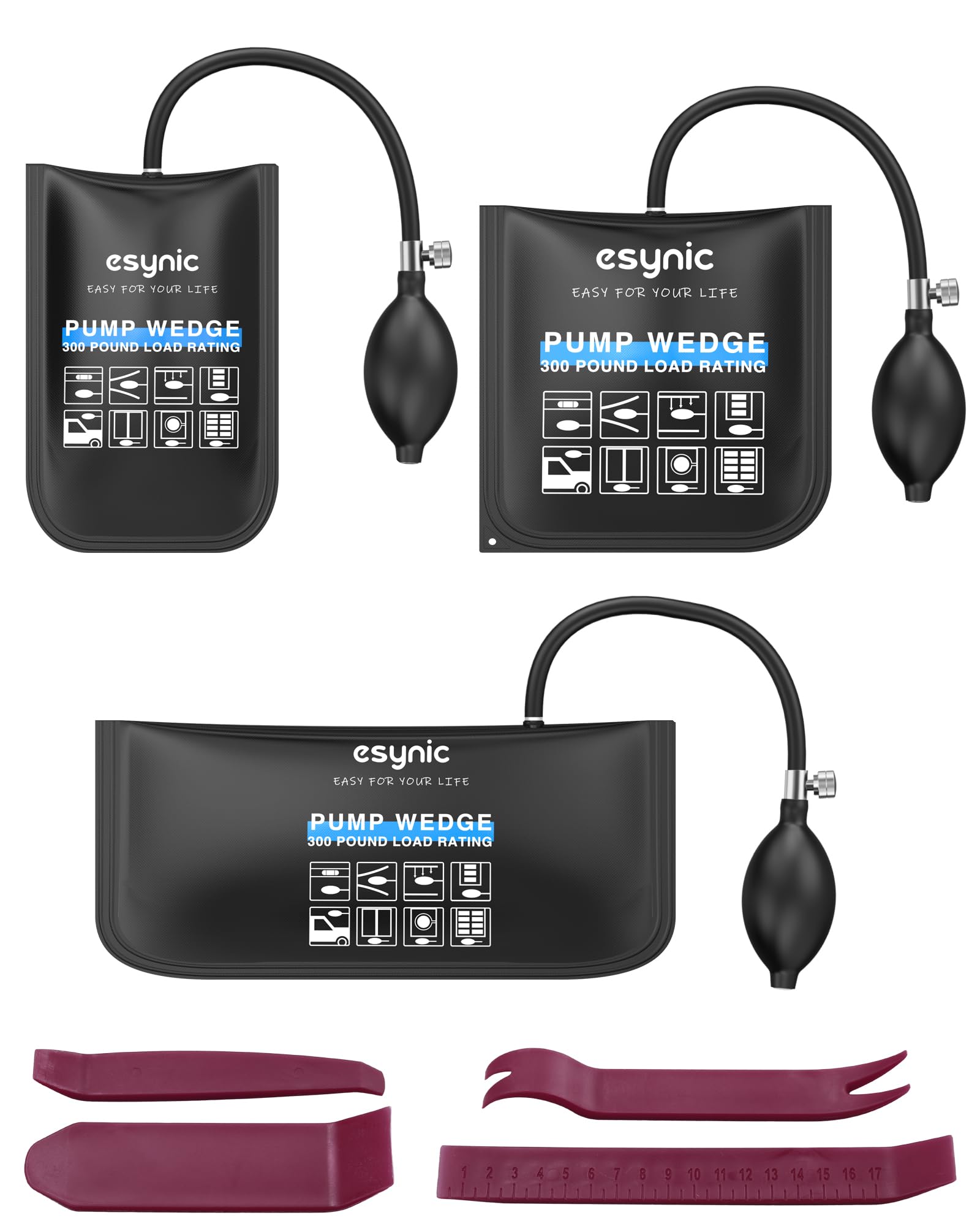 遙控門鎖 - eSynic エアージャッキ 3種類のサイズ対応 3pcs アップグレード版 高強度TPU材料 耐久性 200KG 耐荷重 6CM 持ち上げ エアーウエッジ 車 ドアロック 解除 窓枠パーツ取付用 プラスチック製ツール付