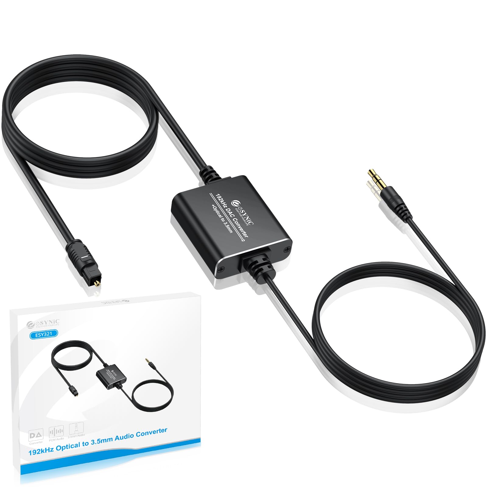 eSynic 192kHz 光デジタル to 3.5mm 音声変換器 音量調節ボリュームノブ付き Toslink/SPDIF to 3.5mm コンバーター 24bit サンプリング レート 内蔵オーディオ増幅チップ ヘッドホン DACコンバーター AUX