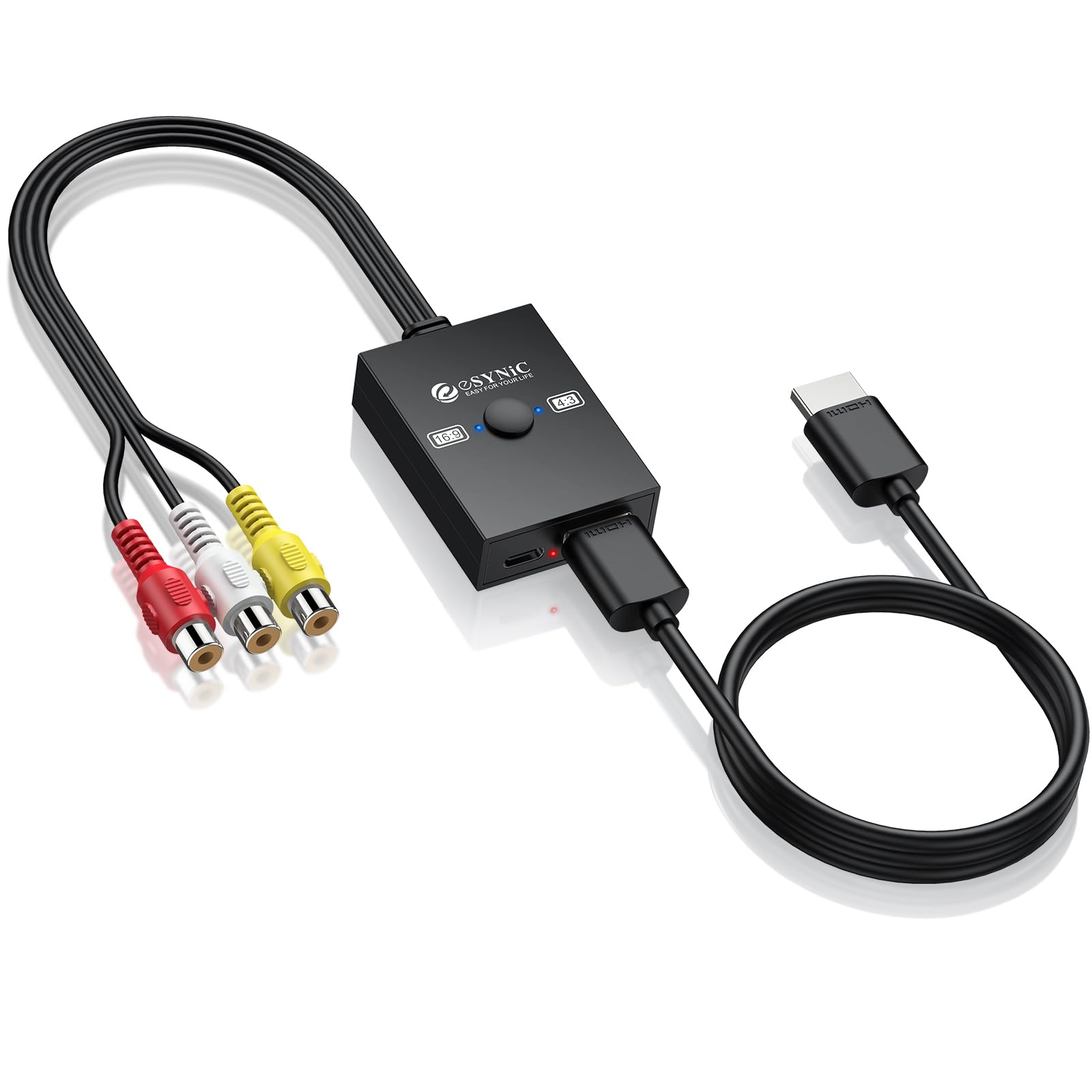 eSynic RCA to HDMI変換器 16:9/4:3スイッチ対応 60hz 1080P/720P出力 AV to HDMIコンバータ PAL/NTSC 三色端子 ミニコンポジットCVBSオーディオ-ビデオアダプター メスからオス ビデオ変換器 Wii/PS1/PS2/N64/Xbox/