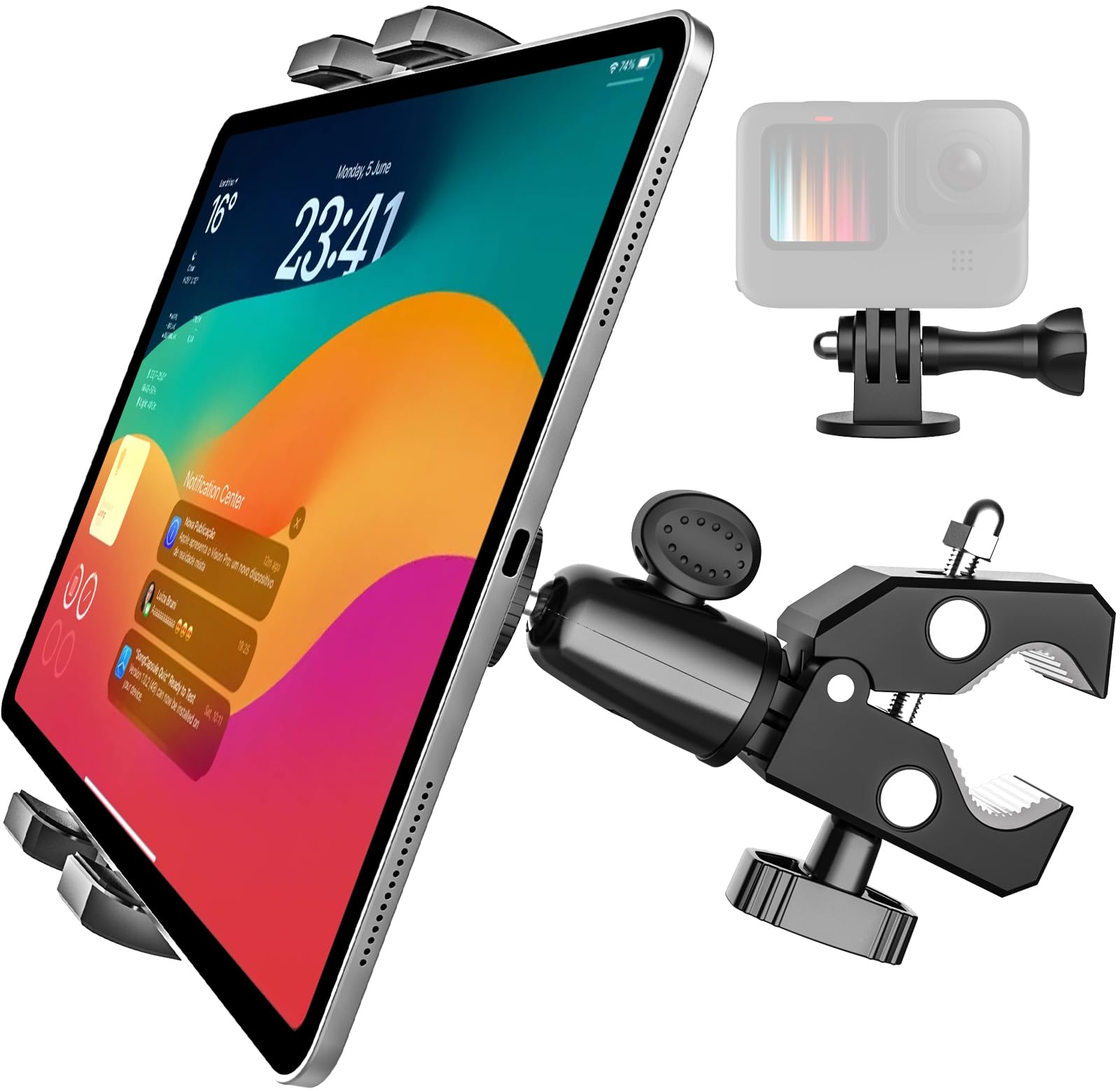 自転車 タブレットホルダー スタンド 振動吸収 オートバイ ハンドルバー タブレットホルダー バイク ポール クリップ固定 1/4ネジ付き ベビーカー/トレッドミル/エアロバイク/マイク アイパッドスタンド 金属製 落下防止 耐久性 簡単取付 角度調