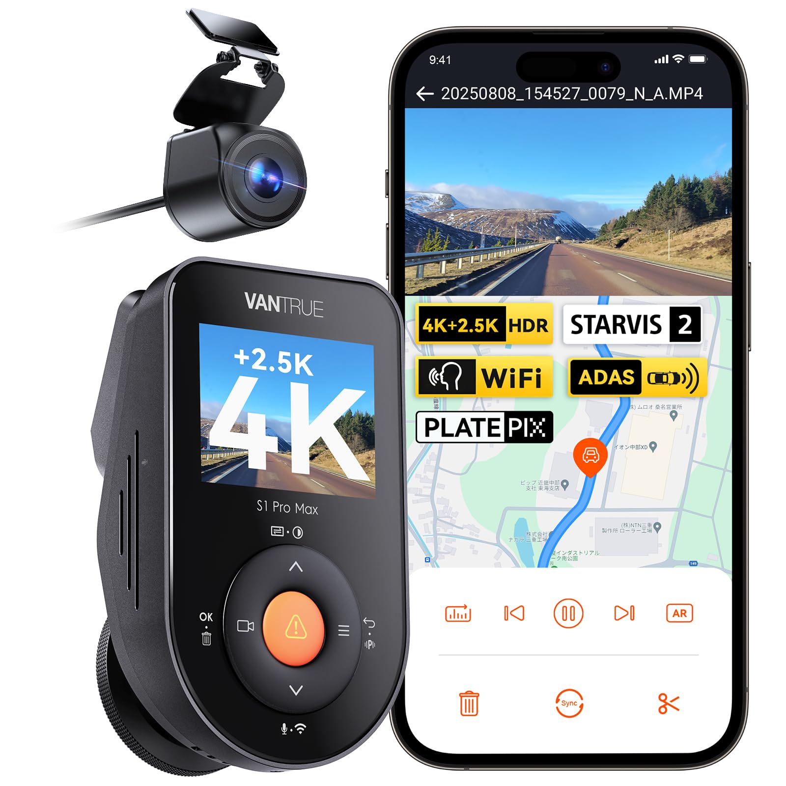 VANTRUE S1 Pro Max 4K+2.5K ドライブレコーダー 前後カメラ  WiFi搭載 前後HDR ドラレコ 超強暗視 PlatePix ナンバー認識強化 IP67防水リアカメラ 24時間駐車