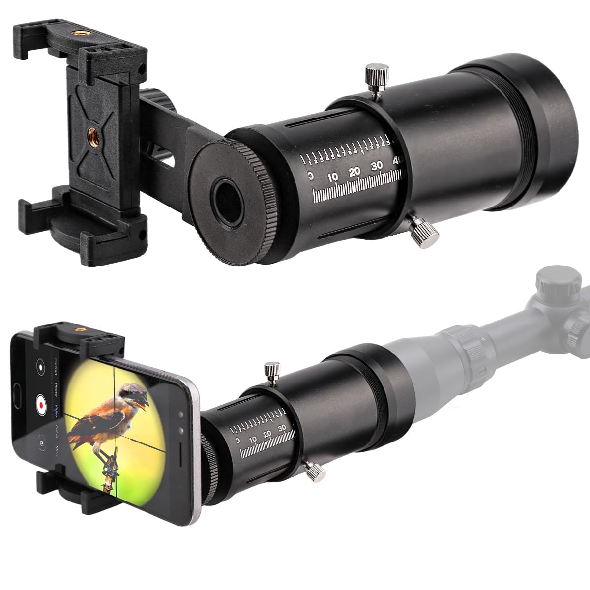 ANQILAFU 伸縮式スコープ用スマホカメラアダプター｜アイレリーフ調整 74–114mm｜接眼部Ø33–46mm対応（リング4種）｜クイックロック｜スマホ幅59–95mm対応｜屋外撮影 観察に