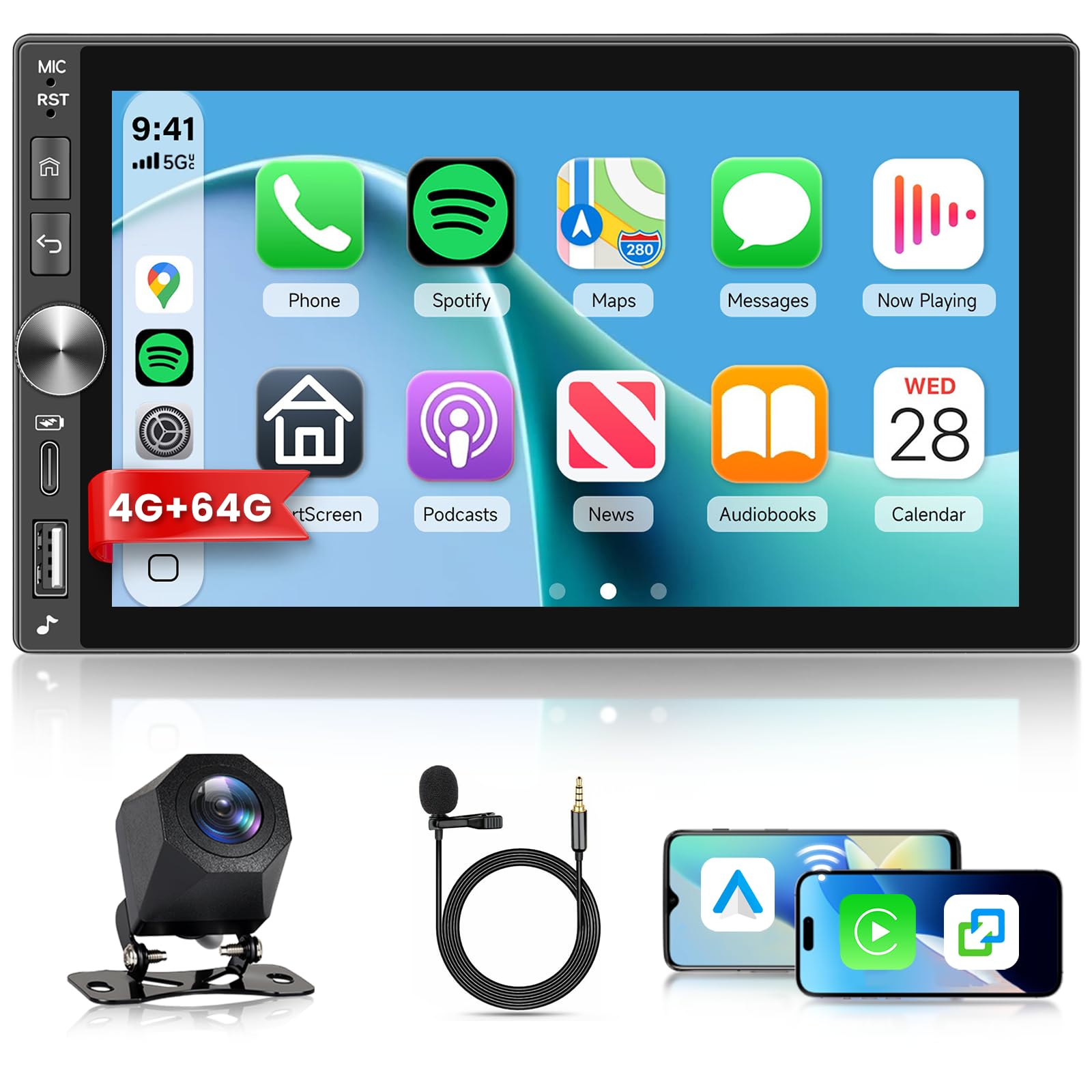 Hodozzy 4G+64G Androidオーディオ2 Din（ワイヤレスCarPlay・Android Auto対応）、7インチタッチスクリーン搭載ダブルDINカーステレオ（GPSナビゲーション、Bluetooth、DSP、Wi-Fi、FM RDS、Type-C、USB、リアビ