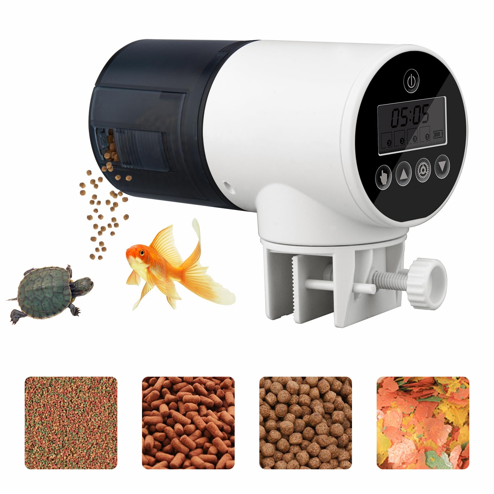 BlueFire 魚自動給餌器 餌やり器 オートフィーダー 熱帯魚 金魚 水族水槽用 多段階&多回転数 自動餌やり機 配給量調節可能 静音 留守中の餌やり ホワイト