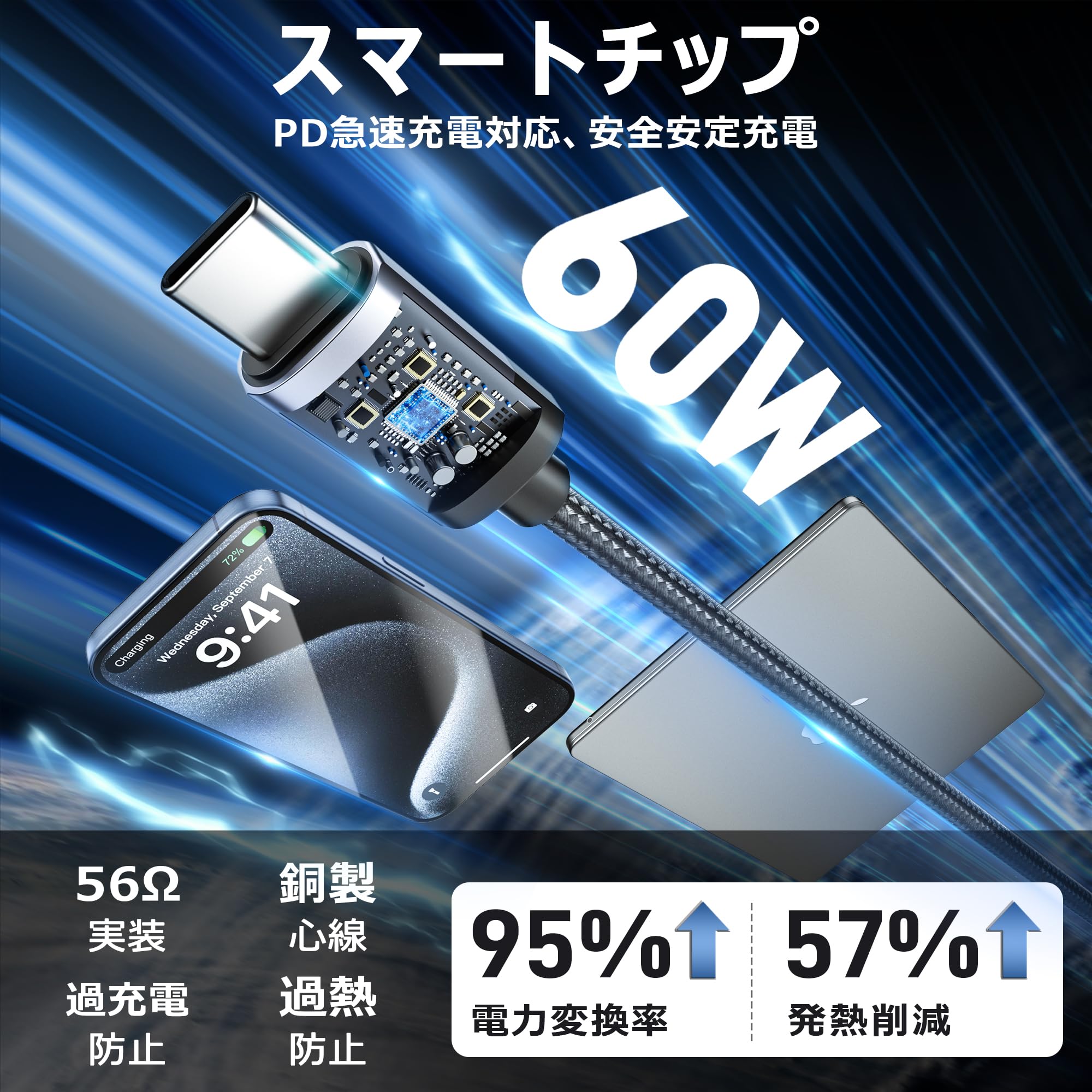 マグネット 充電ケーブル USB-C & USB-Cケーブル 急速充電 PD60W対応 7ピン Type-C端子 540度回転可能 断線防止 防塵磁石iPhone 17/16/15/iPad/Macbook Pro/Matebook/Xperia/Galaxy等Type-c機種対応 (1mマグネットコード chance-k-10075669 KNK chance サンプル画像2