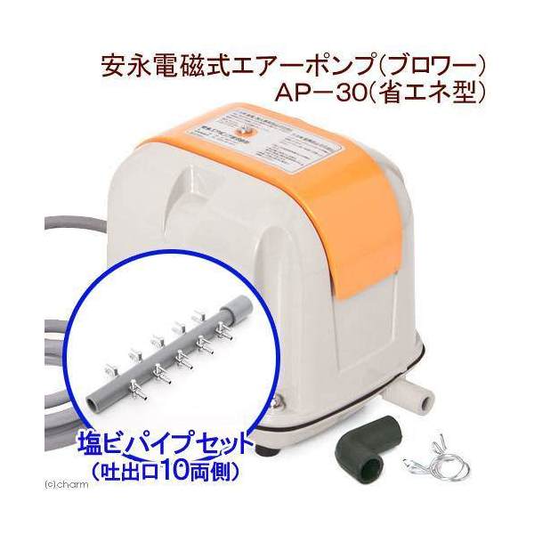 安永電磁式エアーポンプ（ブロワー） AP-30P（省エネ型）＋塩ビパイプ 一方コック付き 吐出口10 両側キャップ付き