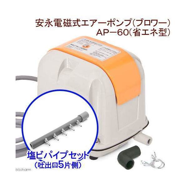 安永電磁式エアーポンプ（ブロワー）　AP－60F（省エネ型）＋塩ビパイプ　一方コック付き　吐出口5　片側キャップ付き　関東当日便