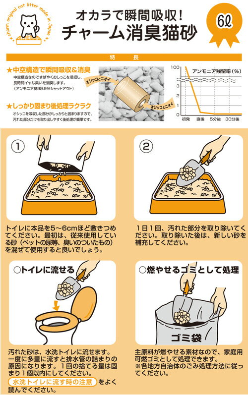 国産猫砂　おからで瞬間吸収　チャーム消臭猫砂　6L　おからの猫砂　固まる　流せる　燃やせる　POM＿D　お一人様8点限り　関東当日便