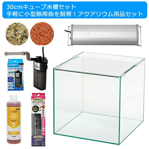 30cmキューブ水槽セット 手軽に小型熱帯魚飼育！アクアリウム用品（水槽 LEDライト＆他5点）プロ推奨 初めての飼育セット【HLS_DU】 関東当日便