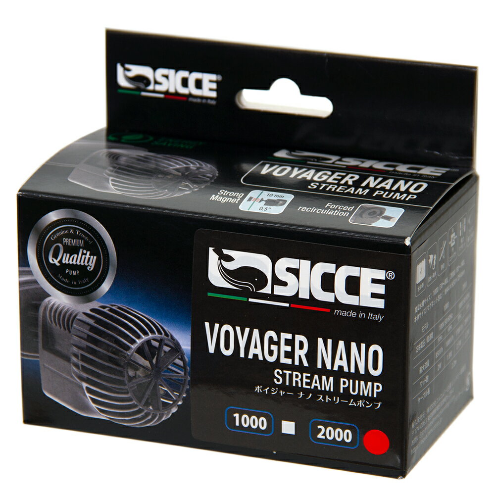 メーカー：シッチェワイドで優しい水流！SICCE　VOYAGER　NANO　STREAM　PUMP2000対象淡水・海水両用特長●イタリア　SICCE社のコンパクト水流ポンプです。●最新の技術を駆使し、高い信頼性、最小限のメンテナンスを実現しました。●革新的な360°回転サポートシステムにより、水流の向きをコントロール可能です。●強力マグネットを採用しました。●静音かつワイドで優しい水流を実現しました。数量1台仕様対応ガラス厚：10mm以下推奨水槽サイズ：80−140L定格電圧／周波数：100V　50／60Hz最大流量：1700L／H（50Hz）　2000L／H（60Hz）ワット数：2．5W（50Hz）　2．2W（60Hz）サイズ（約）本体：幅44×奥行き94×高さ50mmケーブル長：2．2m生産国イタリアご注意※本品はアクアリウム用品です。目的以外の用途では使用しないでください。※ウェーブコントローラーには対応していません。SICCE　水流ポンプ　VOYAGER　NANO　STREAM　PUMP1000　〜850L／H　ウェーブポンプ … SICCE　VOYAGER　NANO　STREAM　PUMP2000　8011469975398　20210723　y21m07　GBNM　アクアリウム　アクアリウム用品　海水　海水用品　淡水　両用　ポンプ　水流ポンプ　サーキュレーター　コントローラーなし　ボイジャーナノ　ストリームポンプ　ストリーム　シッチェ　y21m06　1700L／H　ウェーブポンプ■この商品をお買い上げのお客様は、下記商品もお買い上げです。※この商品には付属しません。■SICCE　水流ポンプ　VOYAGER　NANO　STREAM　PUMP1000　〜850L／H　ウェーブポンプ