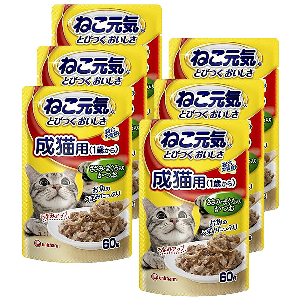 ねこ元気 総合栄養食 パウチ 成猫用（1歳から） ささみ まぐろ入りかつお 60g×6袋 キャットフード【HLS_DU】 関東当日便